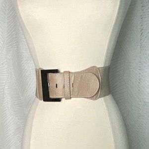 Neutral Beige Wide Elastic Waist Belt with Black Buckle
